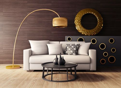Modern interior room with couch and gold lamp