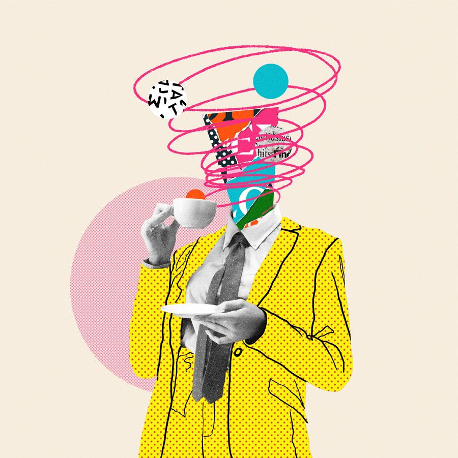 Morning coffee makes things better. Comics styled yellow suit. Modern design, contemporary art collage. Inspiration, idea, trendy urban magazine style.