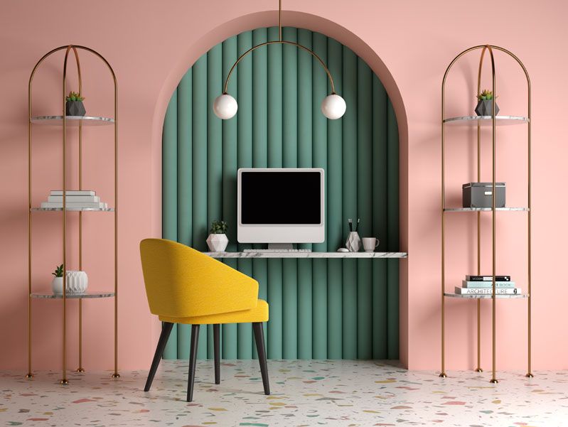 Green, pink and gold design with yellow chair modern with deco