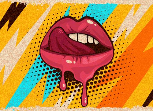 Pink, red lips, mouth and tongue icon on pop art retro vintage colorful background.